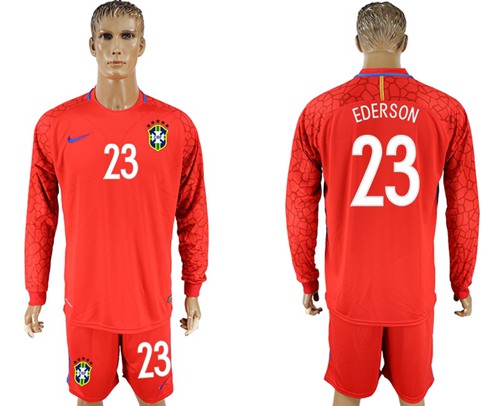 Brazil #23 Ederson Red Goalkeeper Long Sleeves Soccer Country Jersey - Click Image to Close